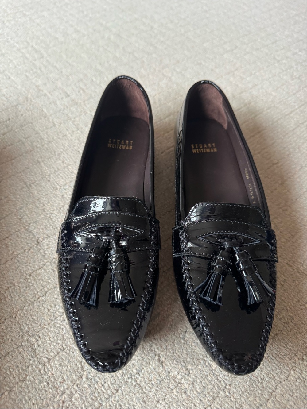 Stuart Weitzman "Typhoon" Black Patent Leather Tassel Loafers Size 8.5